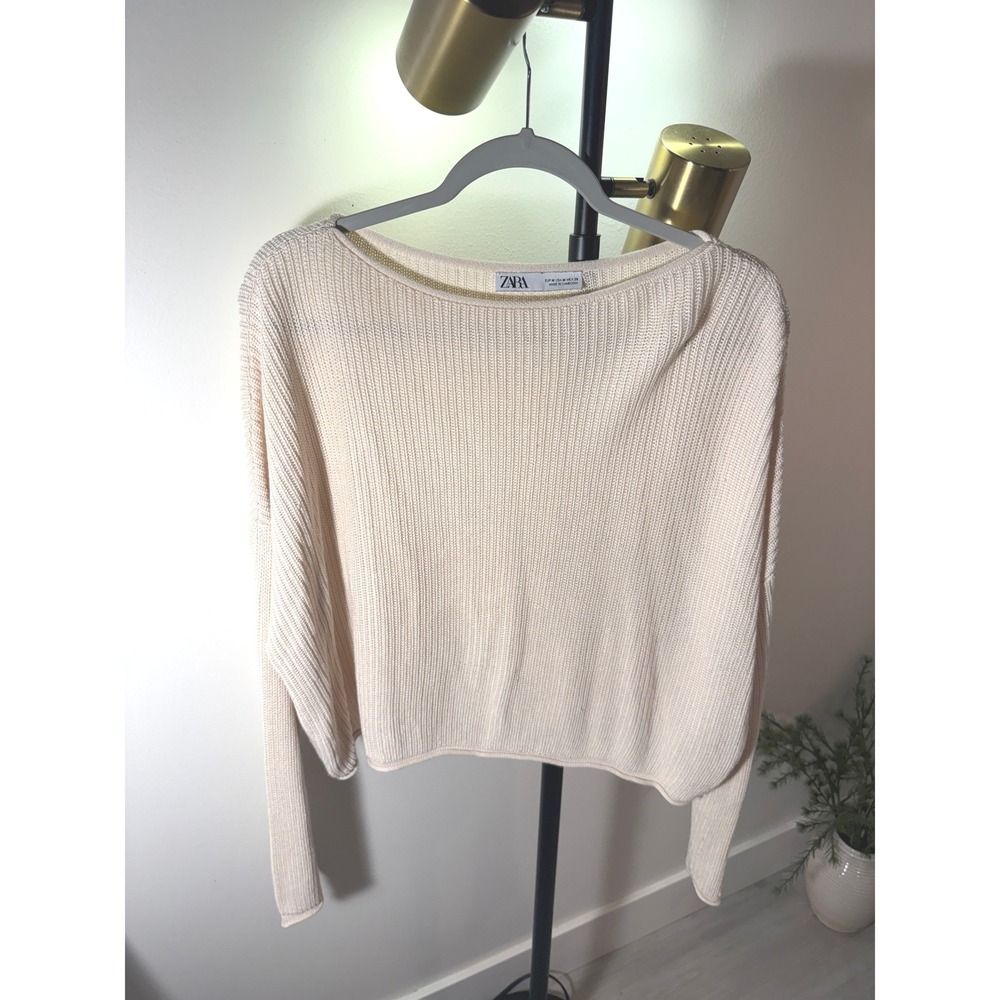 Zara boatneck cream Med trending knit blend jeans sweater coastal casual fall ec